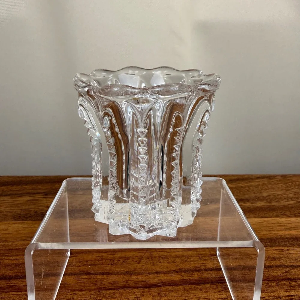 Antique ABP Cut Glass Toothpick Holder Zipper Pattern Scalloped Starburst Base